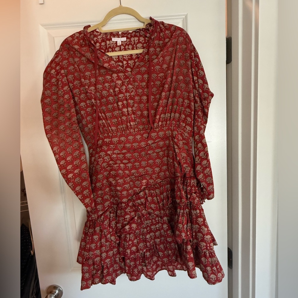 Women’s Red Printed Mini Dress - Boho Tiered Long Sleeve